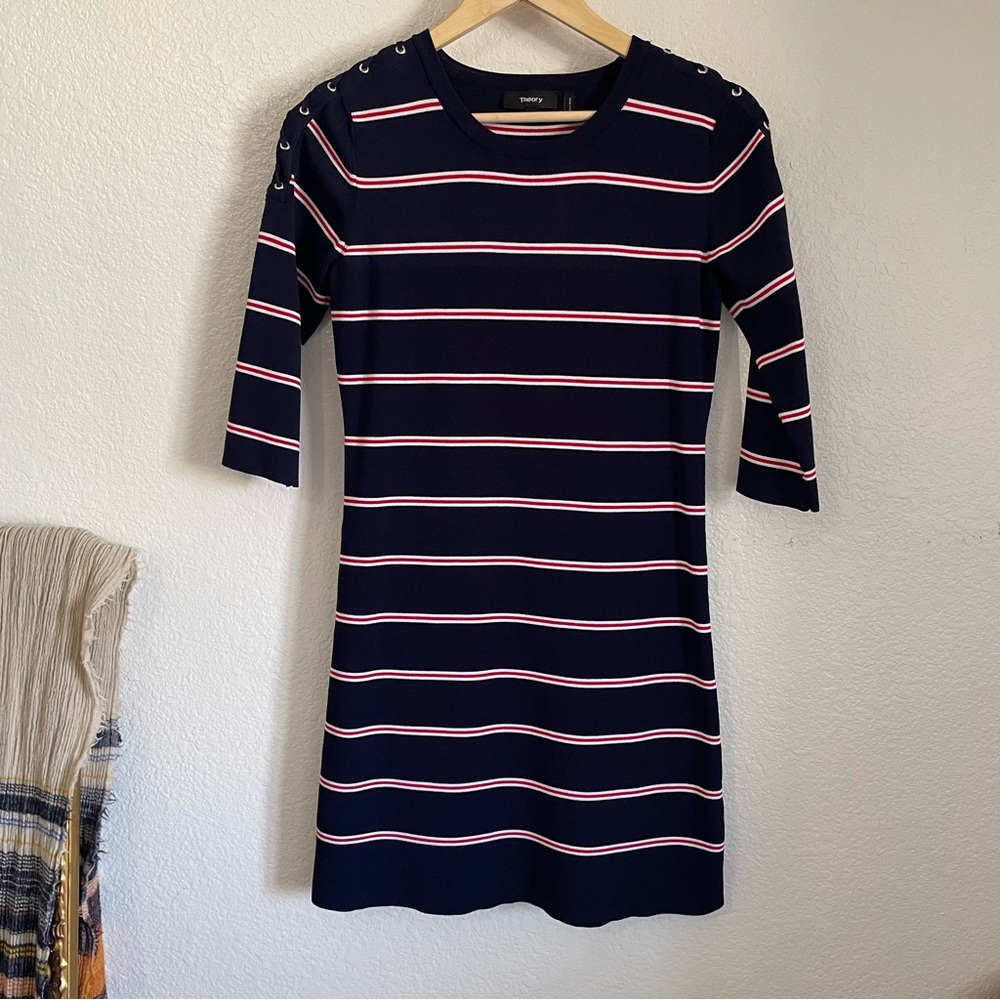 Theory Striped Half Sleeve Mini Dress Lace Up Shoulders Navy Blue Red White L